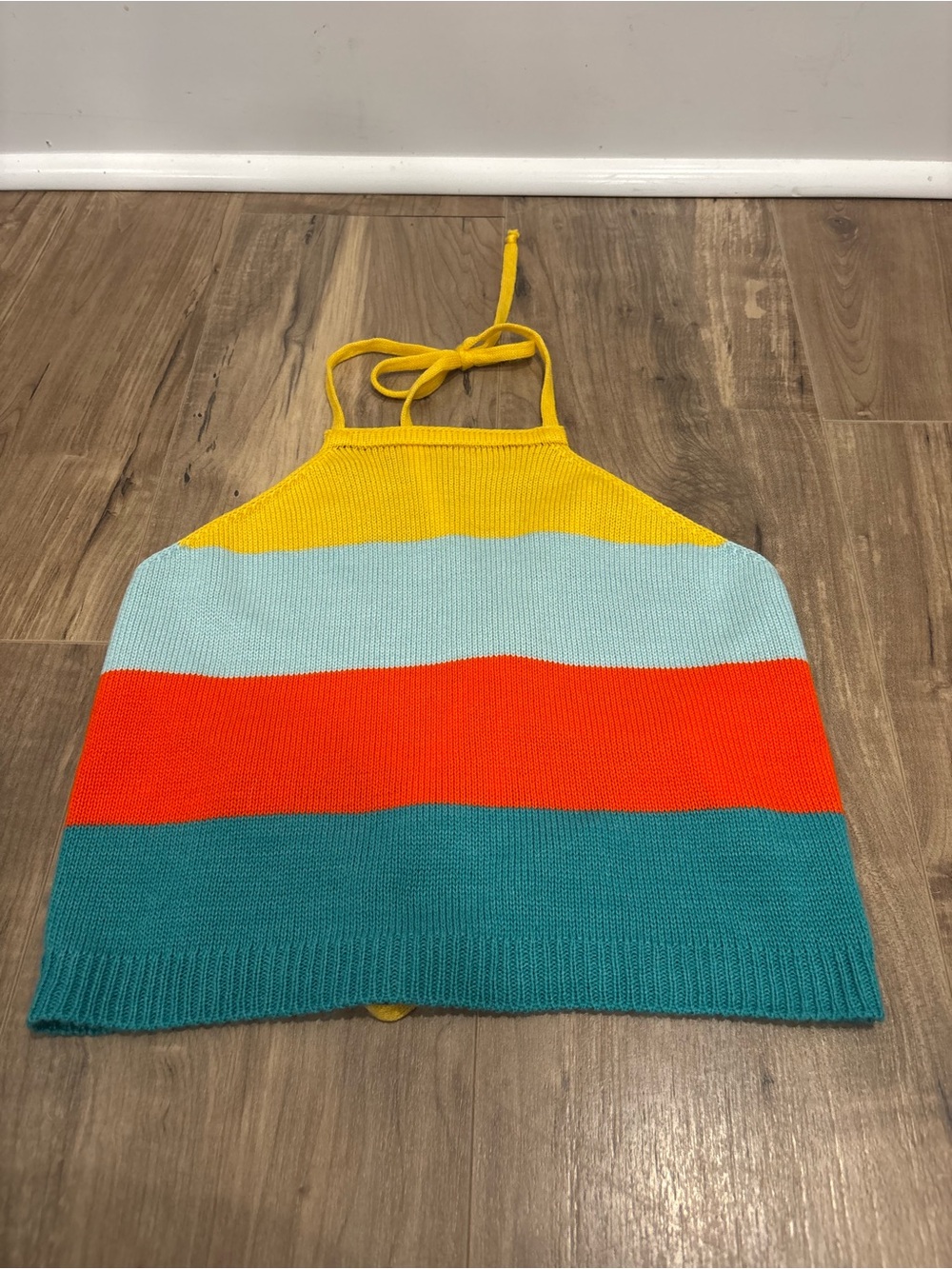 Striped Knit Open Back Halter Top - Yellow, Light Blue, Red, Teal